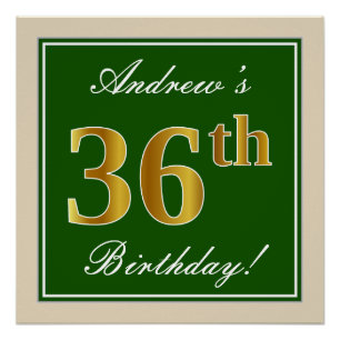 Póster Elegante, Verde, Faux Dourado 36º Aniversário + 