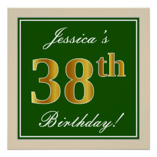 Póster Elegante, Verde, Faux Dourado 38º Aniversário + 