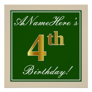 Póster Elegante, Verde, Faux Dourado 4º Aniversário + Nom