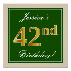 Póster Elegante, Verde, Faux Dourado 42º Aniversário + 