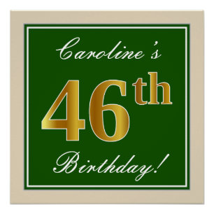 Póster Elegante, Verde, Faux Dourado 46º Aniversário + No