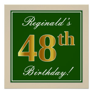 Póster Elegante, Verde, Faux Dourado 48º Aniversário + 