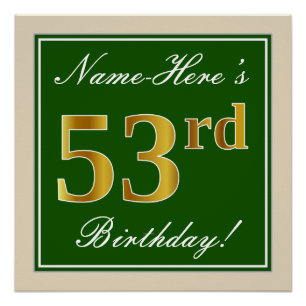 Póster Elegante, Verde, Faux Dourado 53º Aniversário + 