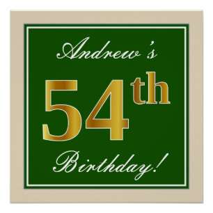 Póster Elegante, Verde, Faux Dourado 54º Aniversário + 