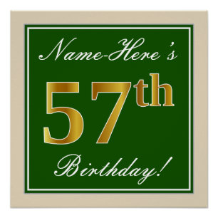 Póster Elegante, Verde, Faux Dourado 57º Aniversário + No