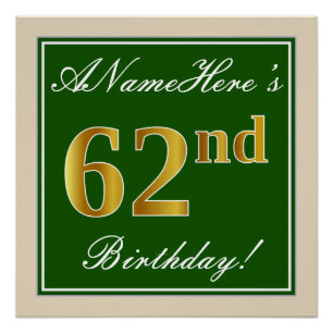 Póster Elegante, Verde, Faux Dourado 62º Aniversário + 