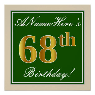 Póster Elegante, Verde, Faux Dourado 68. Aniversário + N