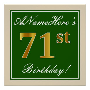 Póster Elegante, Verde, Faux Dourado 71rua Aniversário +