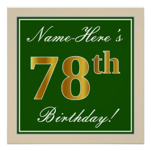Póster Elegante, Verde, Faux Dourado 78º Aniversário + 