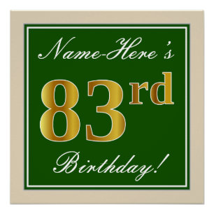 Póster Elegante, Verde, Faux Dourado 83º Aniversário + No