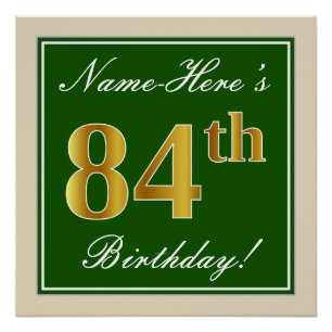 Póster Elegante, Verde, Faux Dourado 84. Aniversário + N