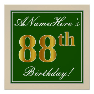 Póster Elegante, Verde, Faux Dourado 88º Aniversário + 