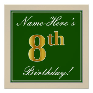 Póster Elegante, Verde, Faux Dourado 8. Aniversário + No