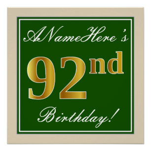 Póster Elegante, Verde, Faux Dourado 92º Aniversário + 