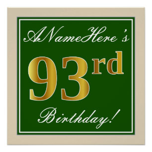 Póster Elegante, Verde, Faux Dourado 93º Aniversário + No
