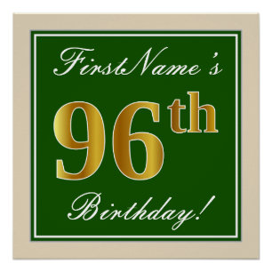 Póster Elegante, Verde, Faux Dourado 96º Aniversário + 