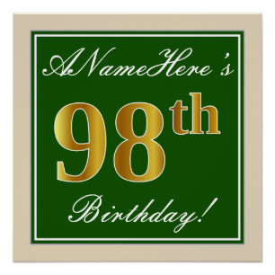 Póster Elegante, Verde, Faux Dourado 98º Aniversário + 
