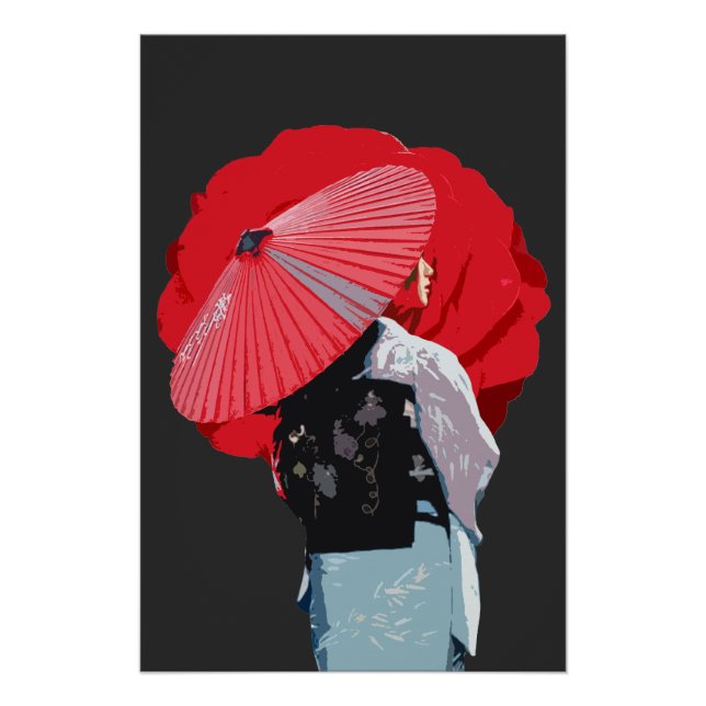 Póster Elegante Vermelho Clássico Gueixa Japonesa Arte (Frente)