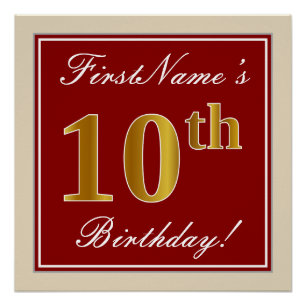 Póster Elegante, Vermelho, Faux Dourado 10º Aniversário; 