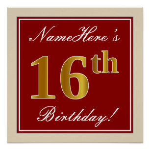 Póster Elegante, Vermelho, Faux Dourado 16º Aniversário;