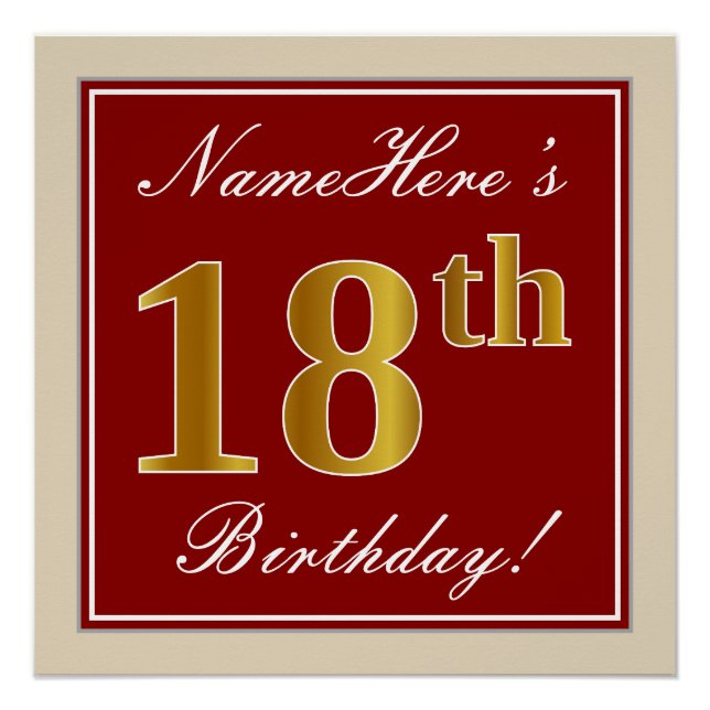 Póster Elegante, Vermelho, Faux Dourado 18º Aniversário;  (Frente)