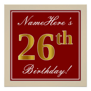 Póster Elegante, Vermelho, Faux Dourado 26º Aniversário; 