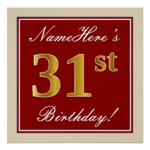 Póster Elegante, Vermelho, Faux Dourado 31º Aniversário