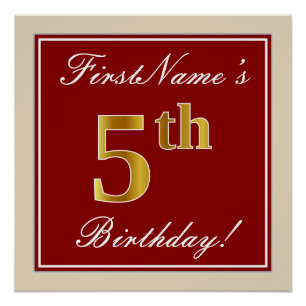 Póster Elegante, Vermelho, Faux Dourado 5 Birthday + Nome