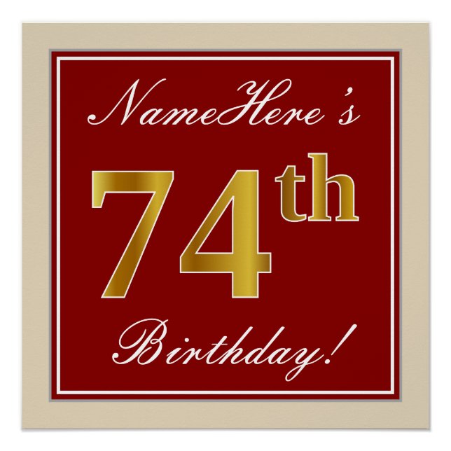 Póster Elegante, Vermelho, Faux Dourado 74.º Aniversário; (Frente)