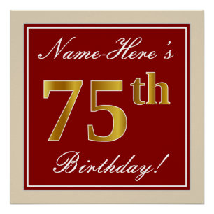 Póster Elegante, Vermelho, Faux Dourado 75.o Aniversário;