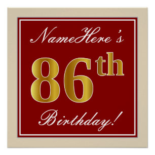 Póster Elegante, Vermelho, Faux Dourado 86.o aniversário