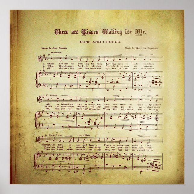Poster Elegante Vintage Sheet Music Notes Love Song (Frente)