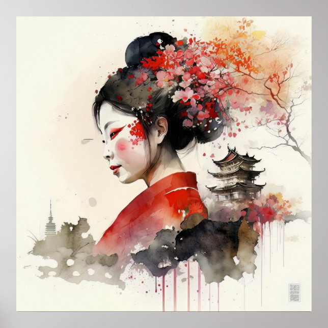 Poster Elegante Watercolor Geisha Retrato (Frente)