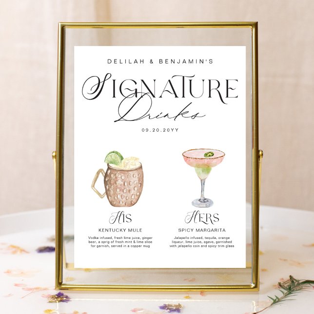Poster Elegante Watercolor Seu Casamento De Bebida Signat (Elegant Watercolor His Her Signature Drink Wedding Poster)