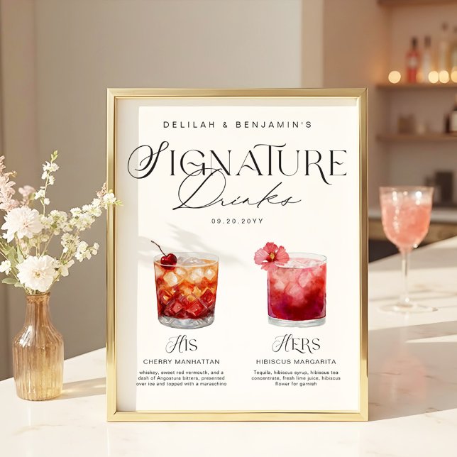 Poster Elegante Watercolor Seu Casamento De Bebida Signat (Elegant Watercolor His Her Signature Drink Wedding Poster)
