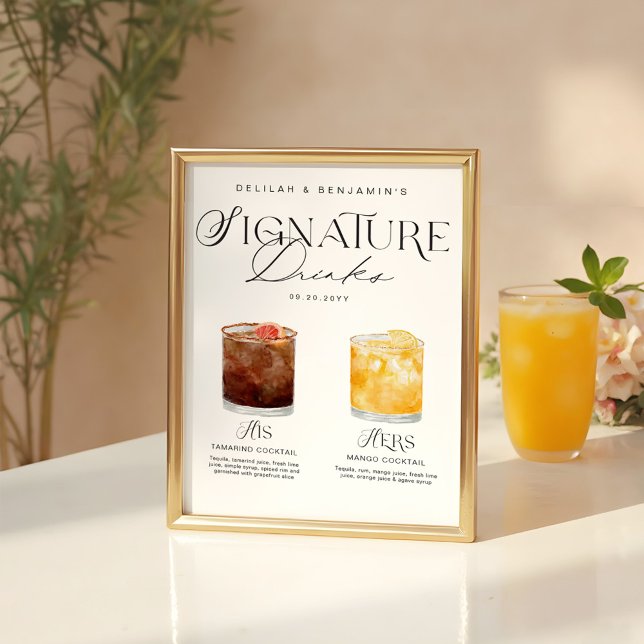 Poster Elegante Watercolor Seu Casamento De Bebida Signat (Elegant Watercolor His Her Signature Drink Wedding Poster)
