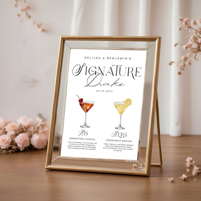 Poster Elegante Watercolor Seu Casamento De Bebida Signat (Elegant Watercolor His Her Signature Drink Wedding Poster)