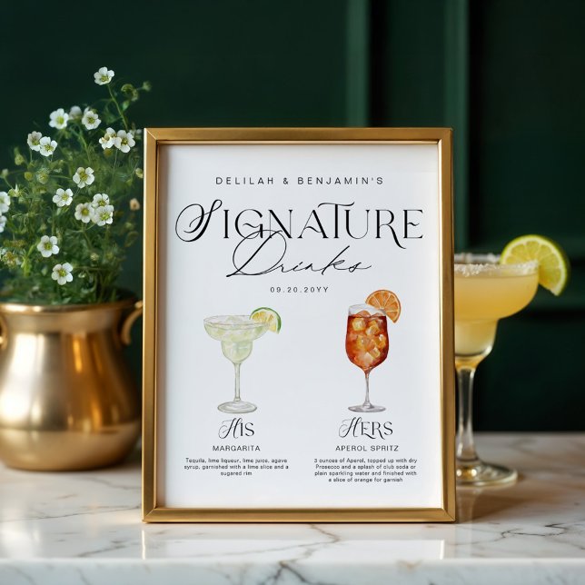 Poster Elegante Watercolor Seu Casamento De Bebida Signat (Elegant Watercolor His Her Signature Drink Wedding Poster)