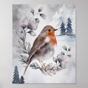Poster Elegante Watercolor Winter American Robin