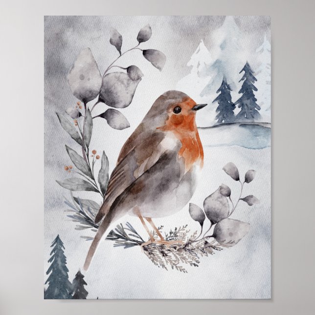 Poster Elegante Watercolor Winter American Robin (Frente)