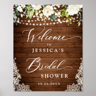Poster Elegante White Roses Lace Rustic Wood Chá de panel