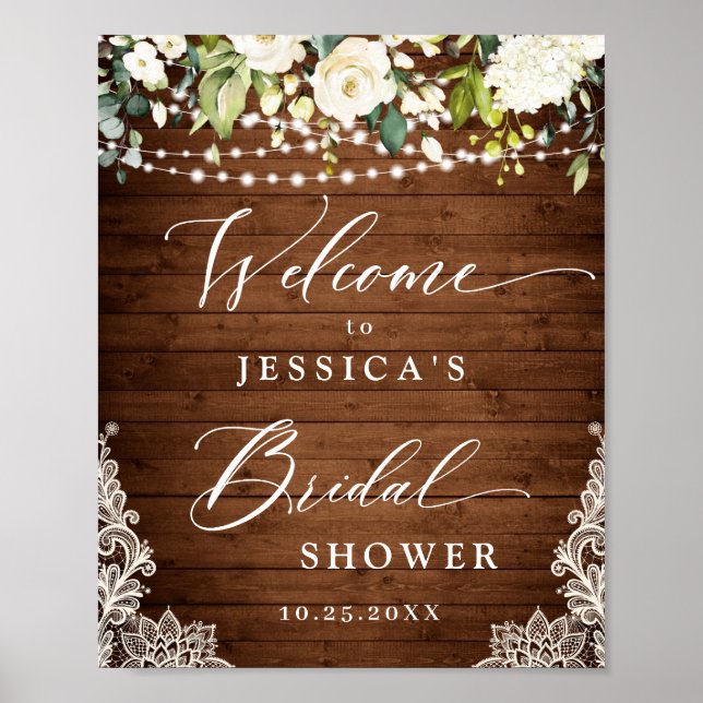 Poster Elegante White Roses Lace Rustic Wood Chá de panel (Frente)