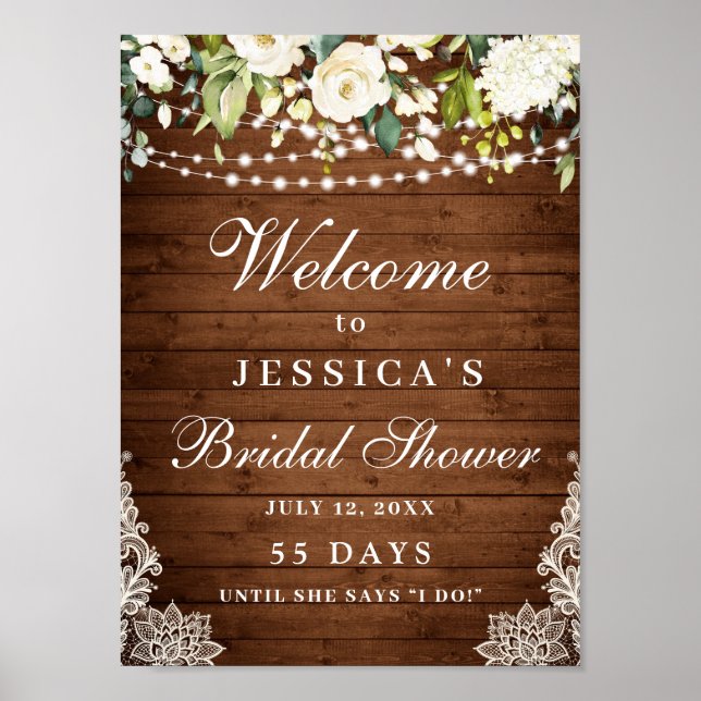 Poster Elegante White Roses Lace Rustic Wood Chá de panel (Frente)