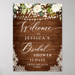 Poster Elegante White Roses Lace Rustic Wood Chá de panel