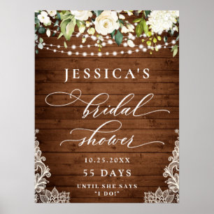 Poster Elegante White Roses Lace Rustic Wood Chá de panel