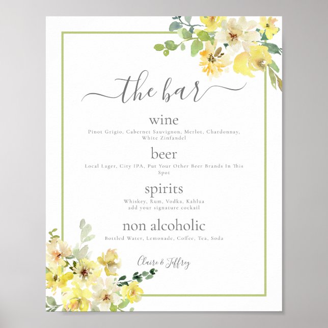 Poster Elegante Yellow Floral Sage Green Bar (Frente)
