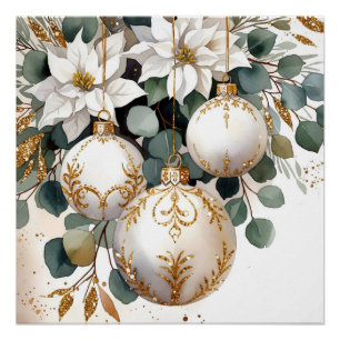 Póster Elegantes Bolas Brancas e Douradas Aquarela