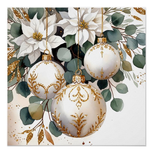 Póster Elegantes Bolas Brancas e Douradas Aquarela (Frente)