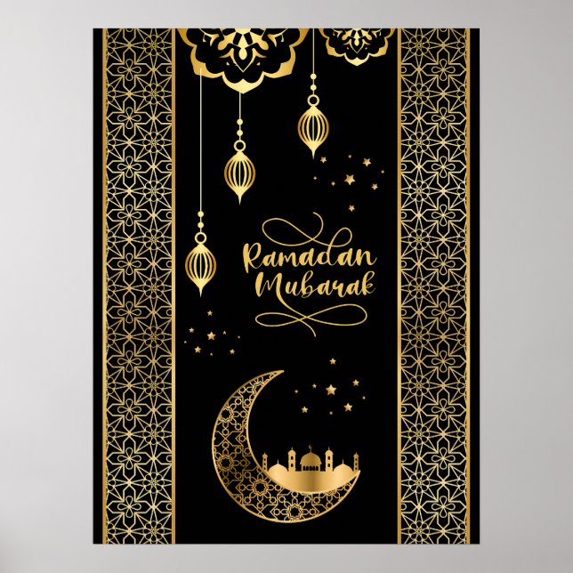 Poster Elegantes Padrões Islâmicos Dourados Ramadan Mubar (Frente)