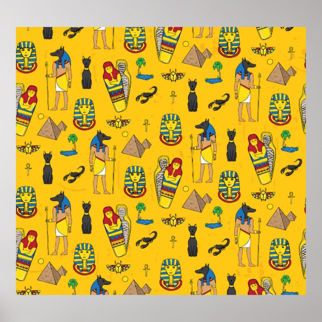 Poster Elementos egípcios, Anubis, padrão das pirâmides. (Frente)